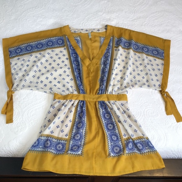 Free People Santa Cruz Gold and Blue Boho Kimono Dress Size S - Picture 10 of 13